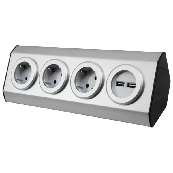 Steckdosenblock McPower "Premium" Aufbau, Edelstahl, 3-fach Schutzkontakt + USB
