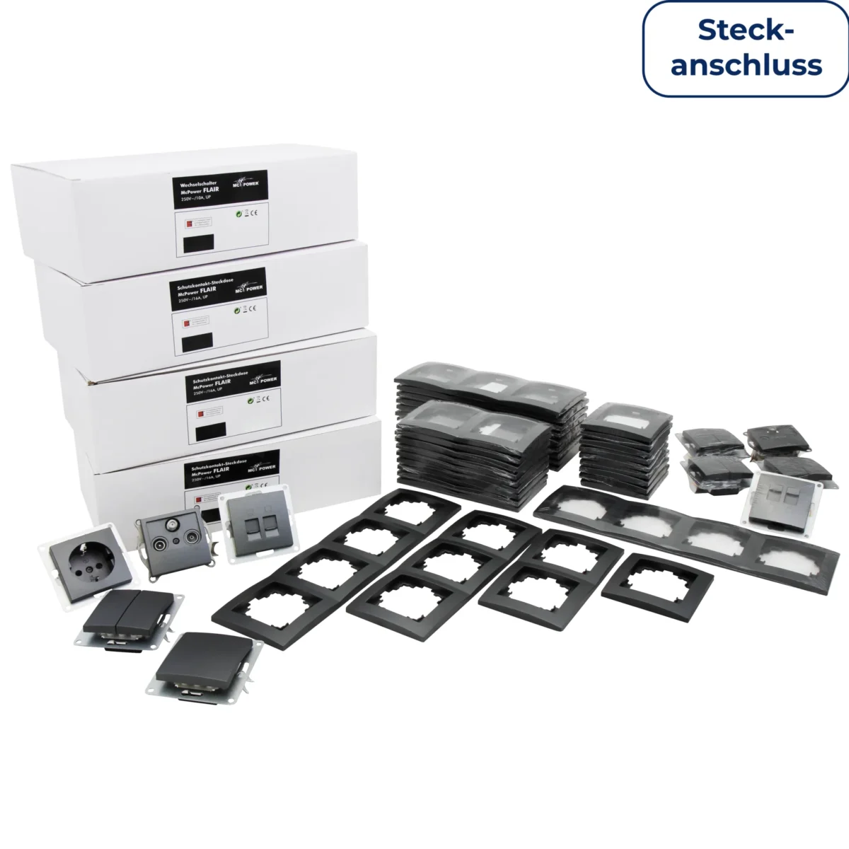 Schalter und Steckdosen Set McPower Flair "Megaset-Profi" 100-teilig, anthrazit, Steckanschluss – Bild 1