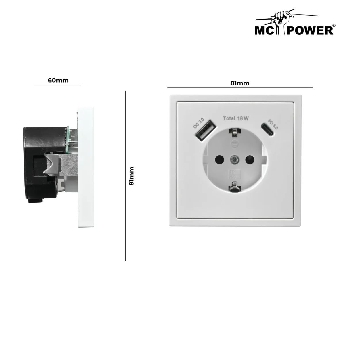 Schutzkontakt-Steckdose McPower "Shallow" 1x USB-C - 18W Quickcharge - 1x USB-A – Bild 3