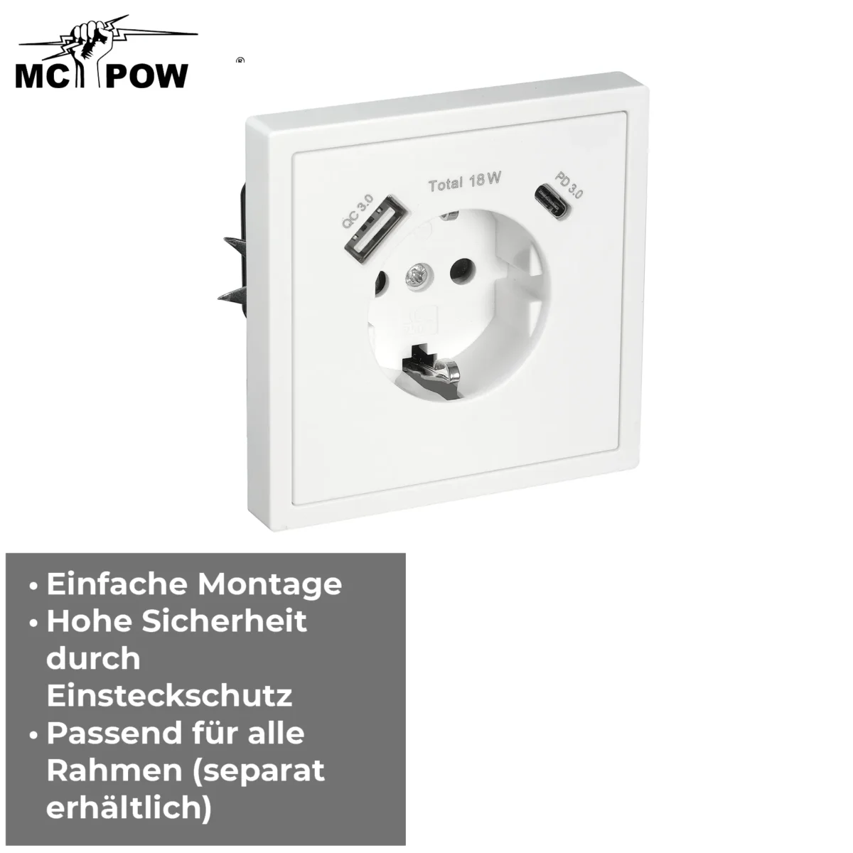 Schutzkontakt-Steckdose McPower "Shallow" 1x USB-C - 18W Quickcharge - 1x USB-A – Bild 4