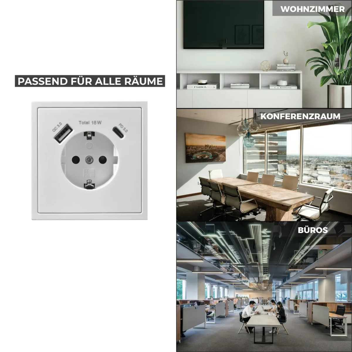 Schutzkontakt-Steckdose McPower "Shallow" 1x USB-C - 18W Quickcharge - 1x USB-A – Bild 5