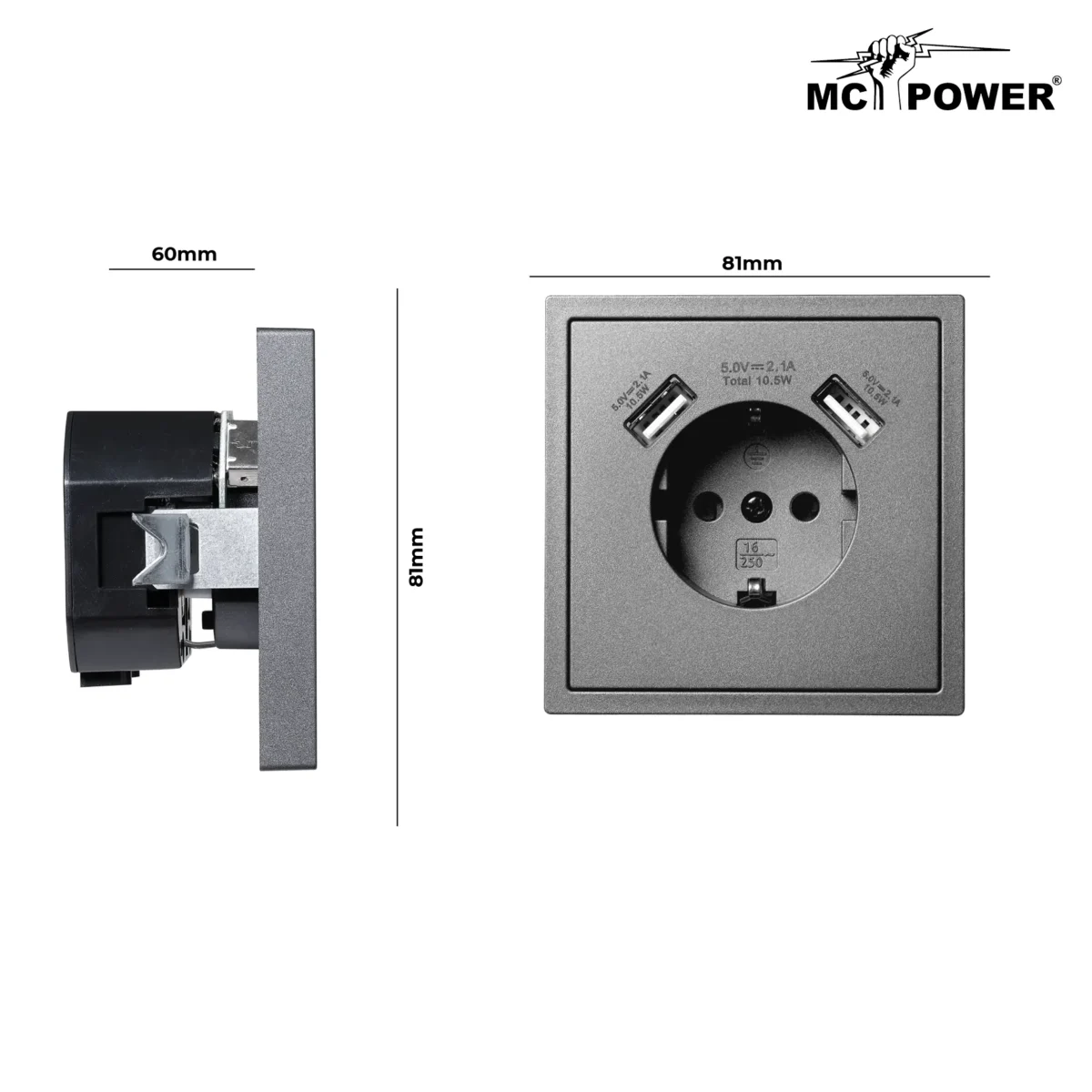 Schutzkontakt-Steckdose McPower "Shallow" 2x USB-A - 5V/2,1A – Bild 3