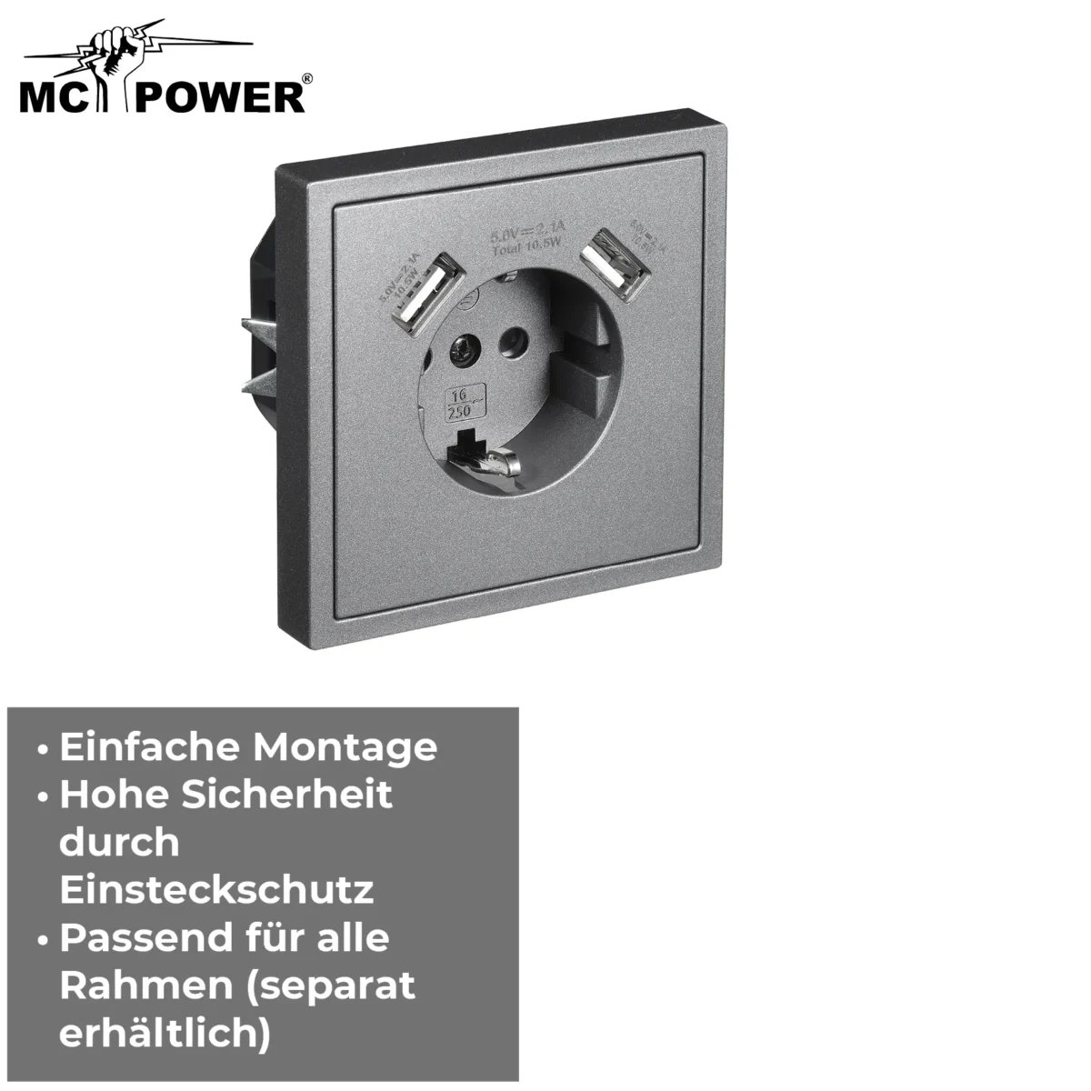 Schutzkontakt-Steckdose McPower "Shallow" 2x USB-A - 5V/2,1A – Bild 4