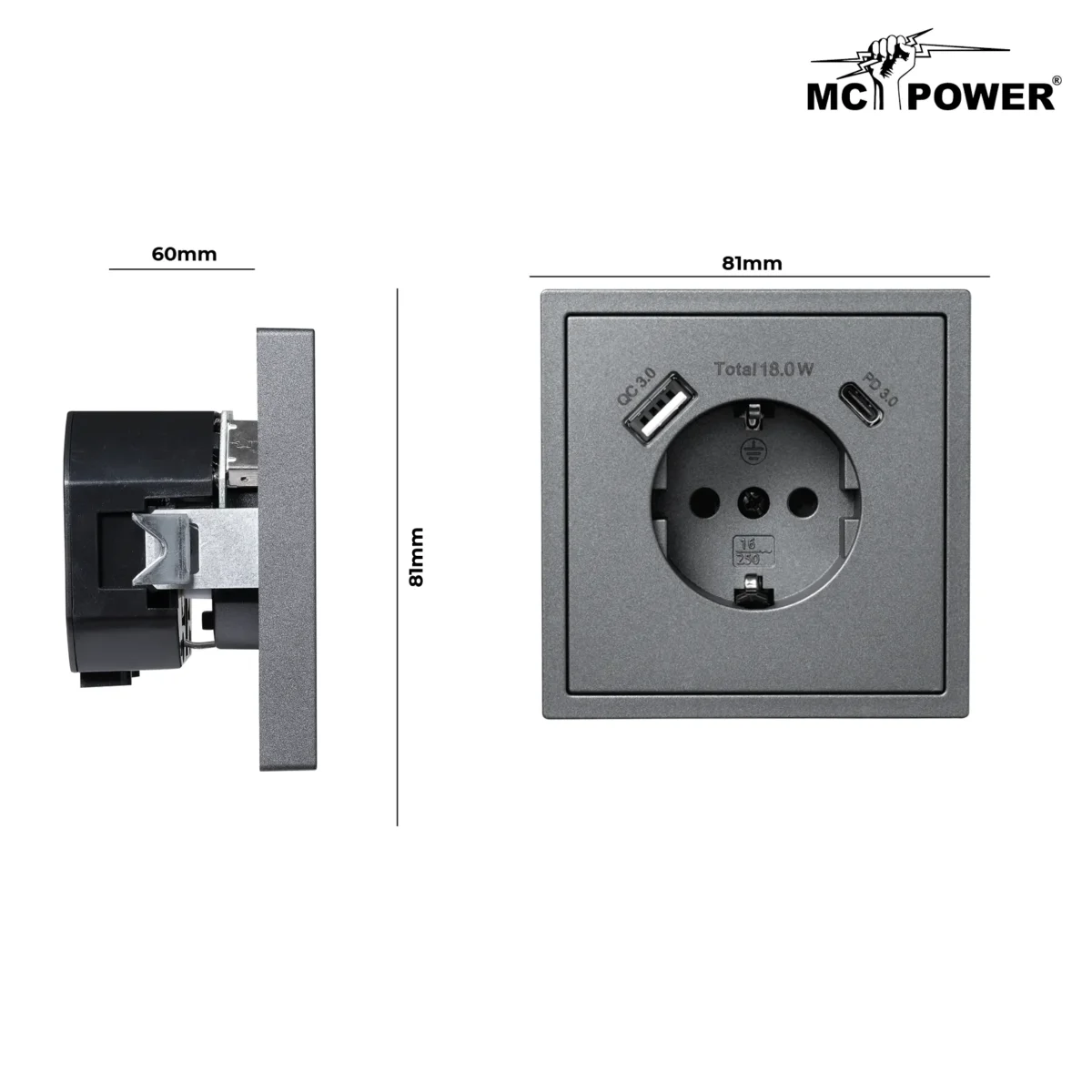Schutzkontakt-Steckdose McPower "Shallow" 1x USB-C - 18W Quickcharge - 1x USB-A – Bild 3