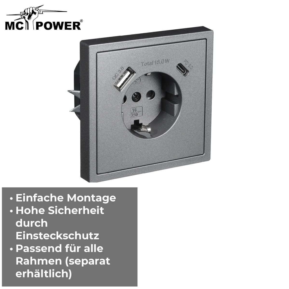Schutzkontakt-Steckdose McPower "Shallow" 1x USB-C - 18W Quickcharge - 1x USB-A – Bild 4