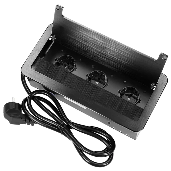 Tisch-Einbausteckdose, 3fach, schwarz, mit Staubschutz, 3600W, 1,5m Anschlußkabel