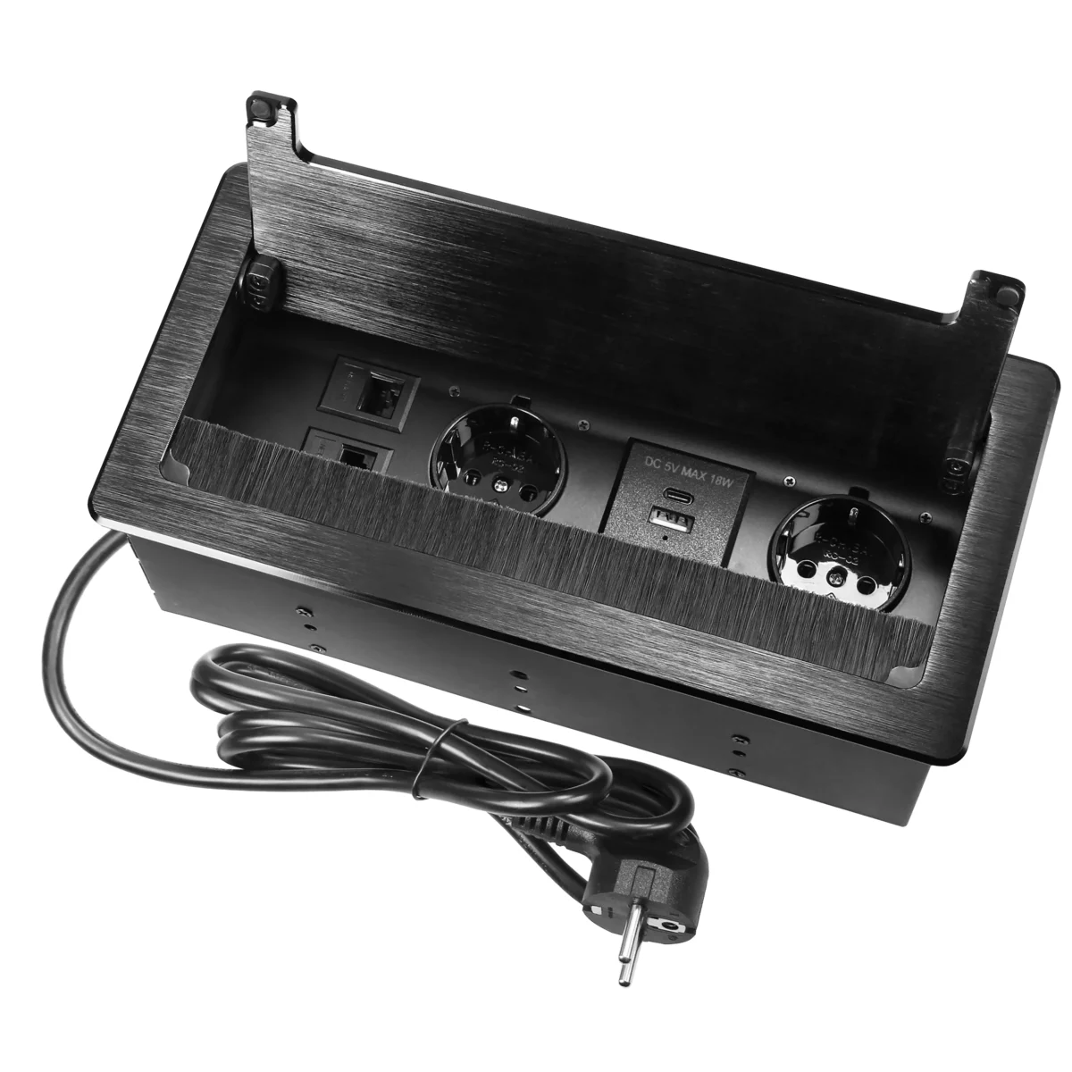 Tisch-Einbausteckdose, 2-fach, 2x USB, 2xRJ45, schwarz, mit Staubschutz, 3600W – Bild 1