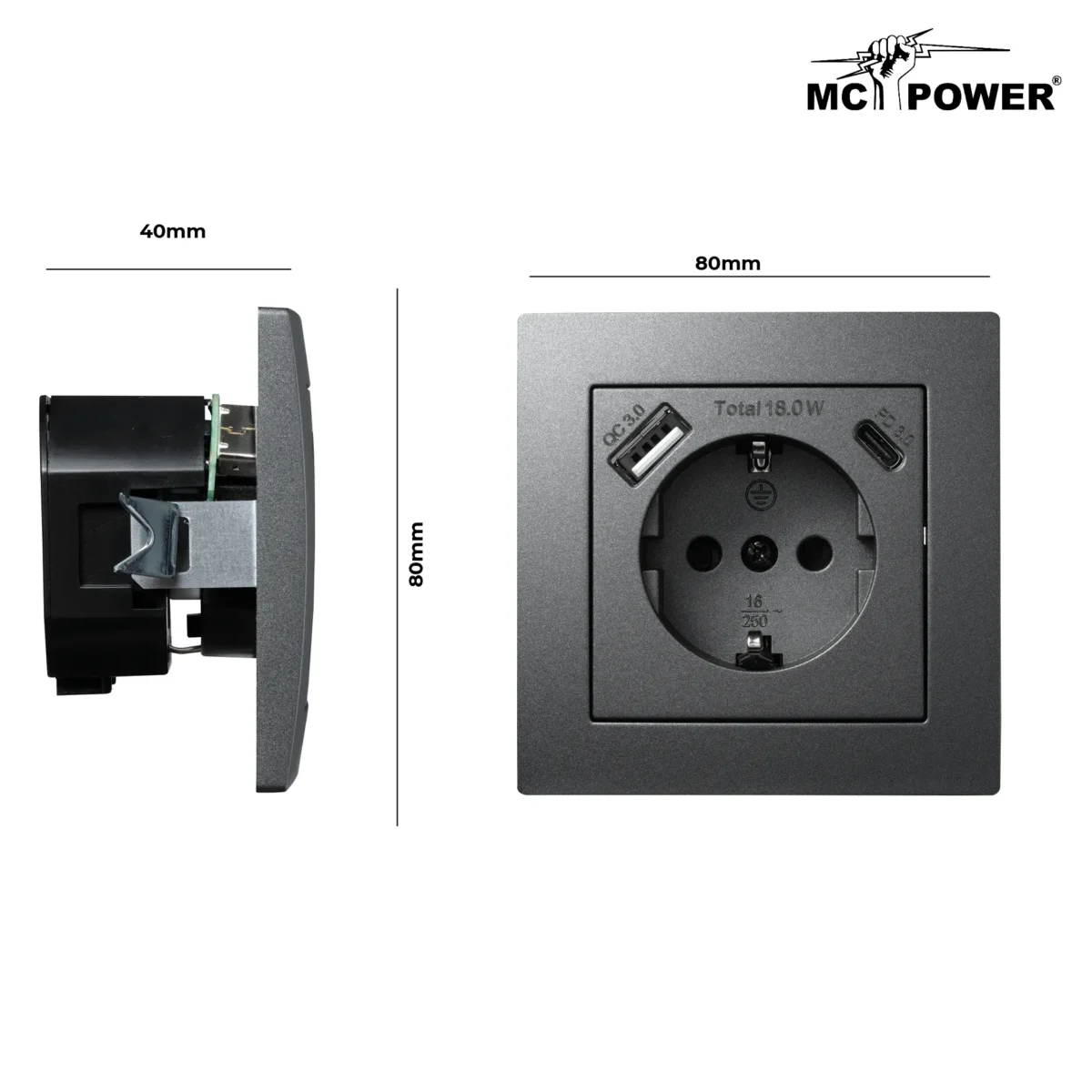 Schutzkontakt-Steckdose McPower "Flair" 1x USB-C 18W PD, 1x USB-A, anthrazit – Bild 3