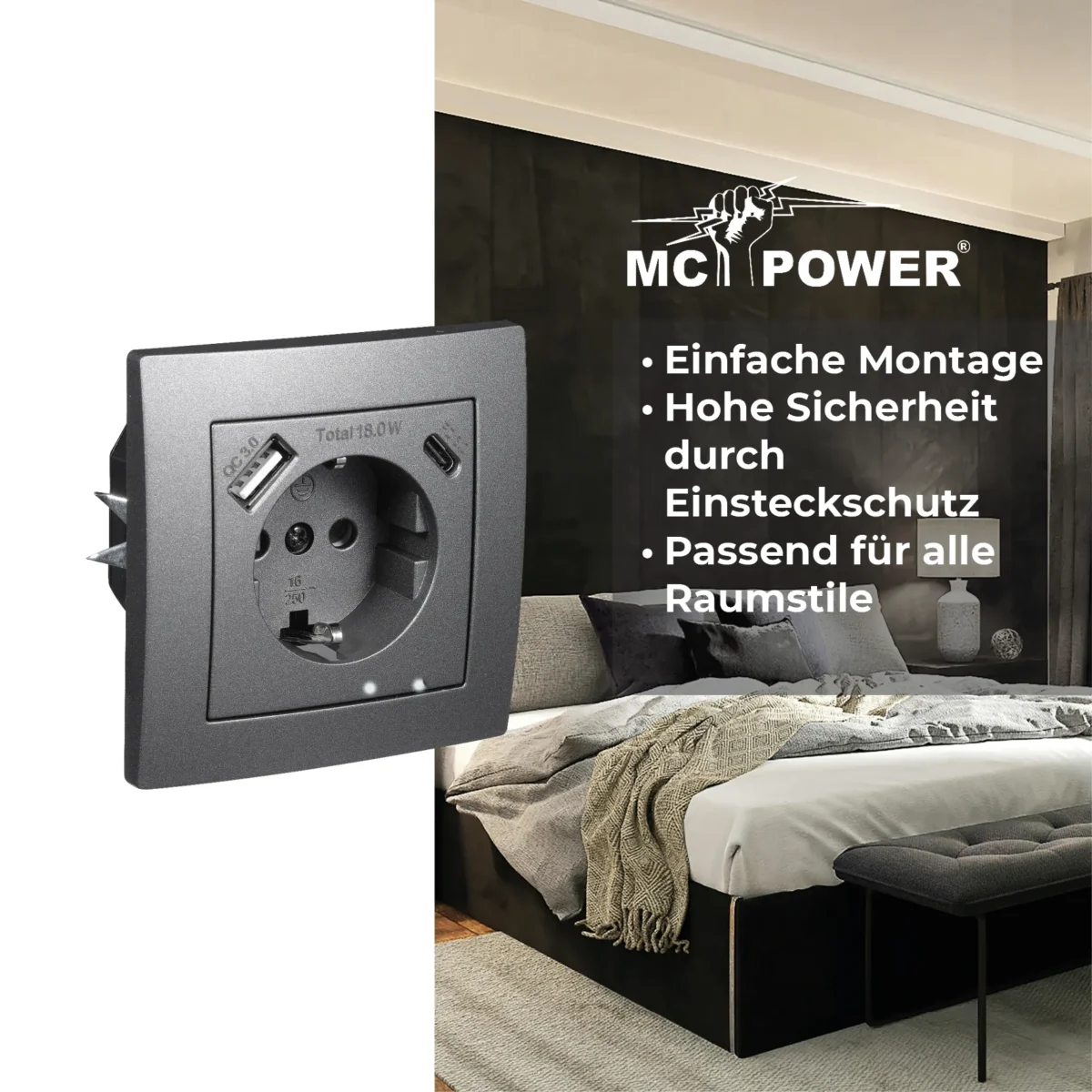 Schutzkontakt-Steckdose McPower "Flair" 1x USB-C 18W PD, 1x USB-A, anthrazit – Bild 4
