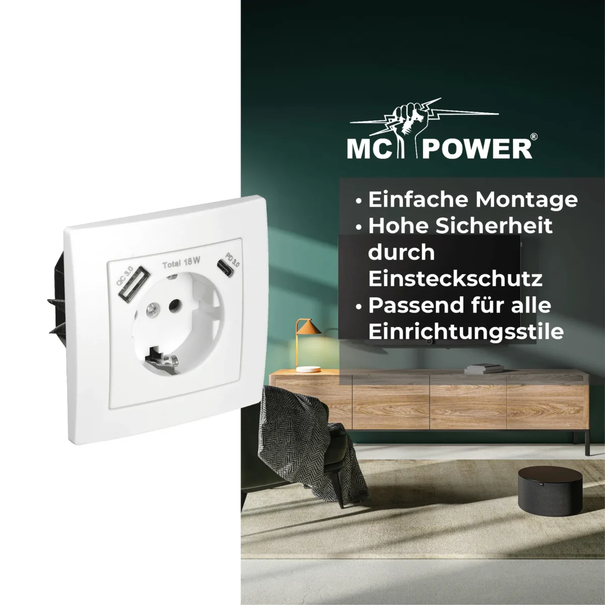 Schutzkontakt-Steckdose McPower "Flair" 1x USB-C 18W PD, 1x USB-A, weiß – Bild 3