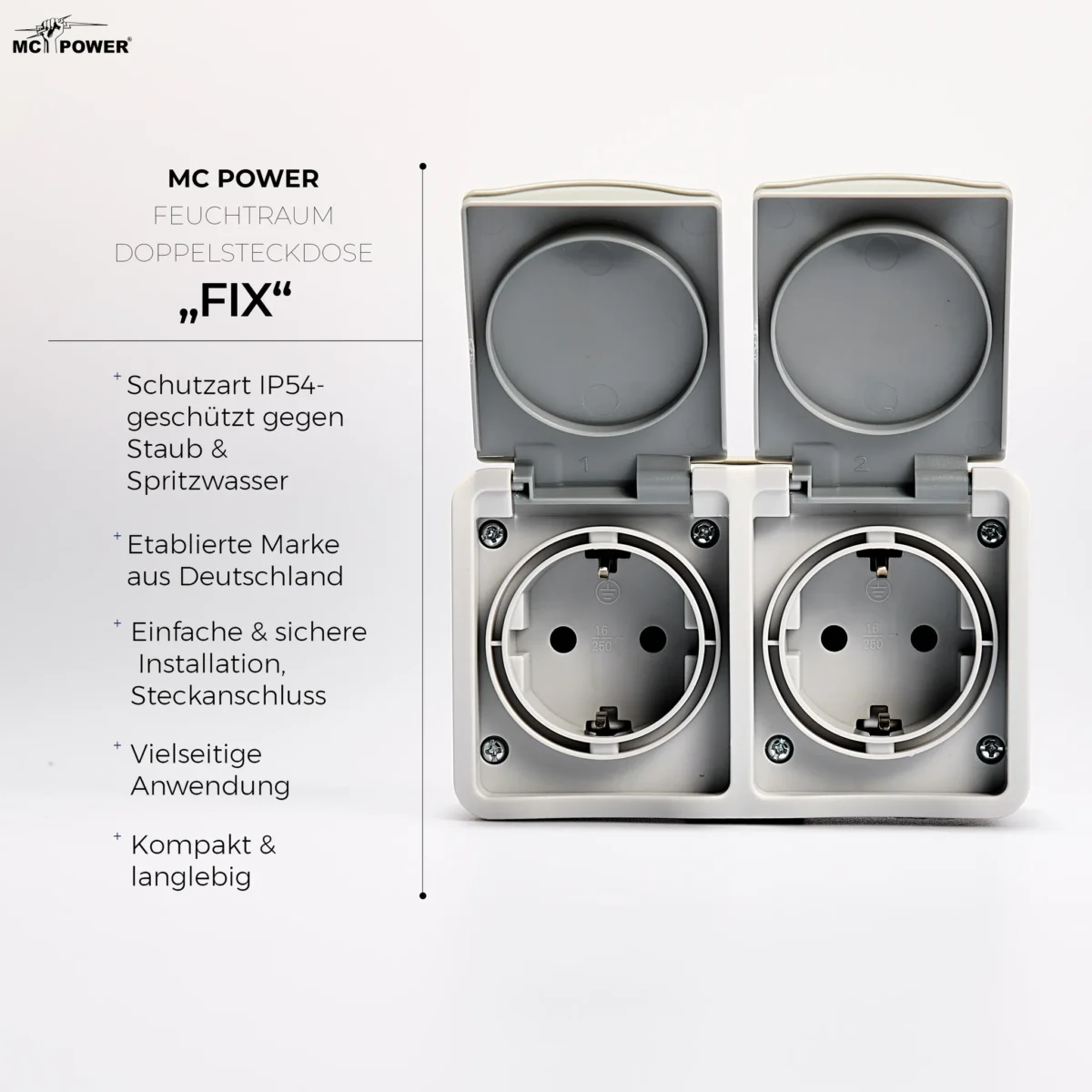 Feuchtraum Doppelsteckdose McPower "Fix", Steckanschluss, 250V~/16A, IP54, AP – Bild 3
