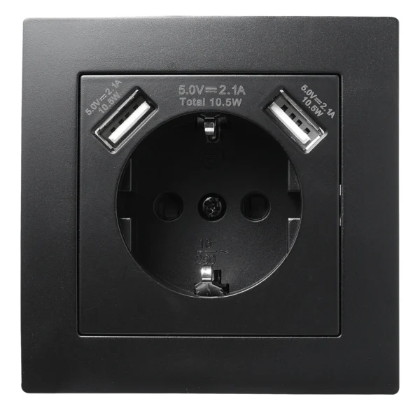 Schutzkontakt-Steckdose mit 2x USB McPower "Flair",250V, 5V/2,1A,UP,matt schwarz