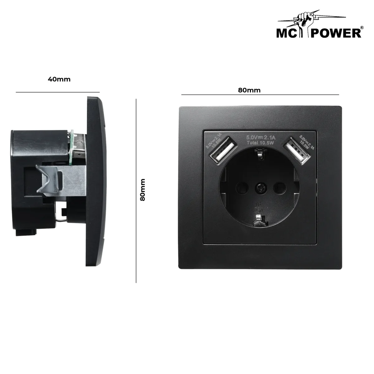 Schutzkontakt-Steckdose mit 2x USB McPower "Flair",250V, 5V/2,1A,UP,matt schwarz – Bild 3