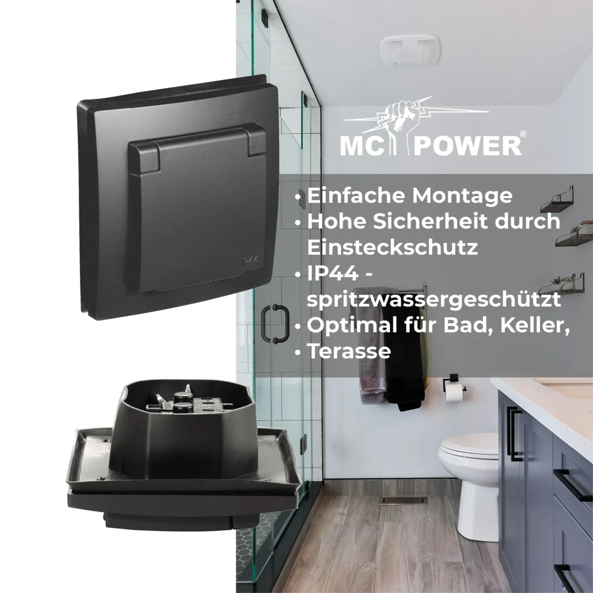 Schutzkontakt-Steckdose McPower "Flair", 250V~/16A, UP, IP44, matt schwarz – Bild 4
