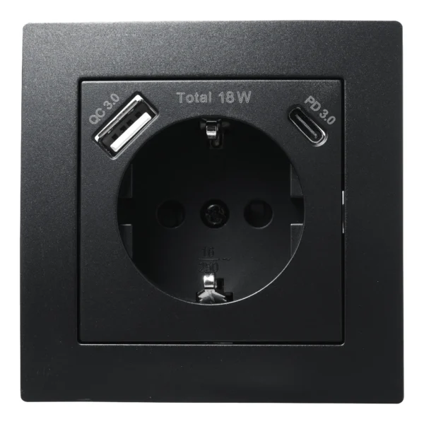 Schutzkontakt-Steckdose McPower "Flair" 1x USB-C 18W PD, 1x USB-A, matt schwarz