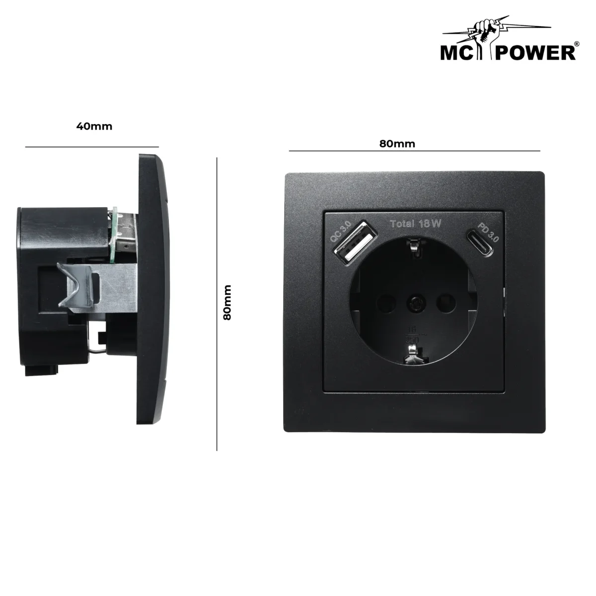 Schutzkontakt-Steckdose McPower "Flair" 1x USB-C 18W PD, 1x USB-A, matt schwarz – Bild 3