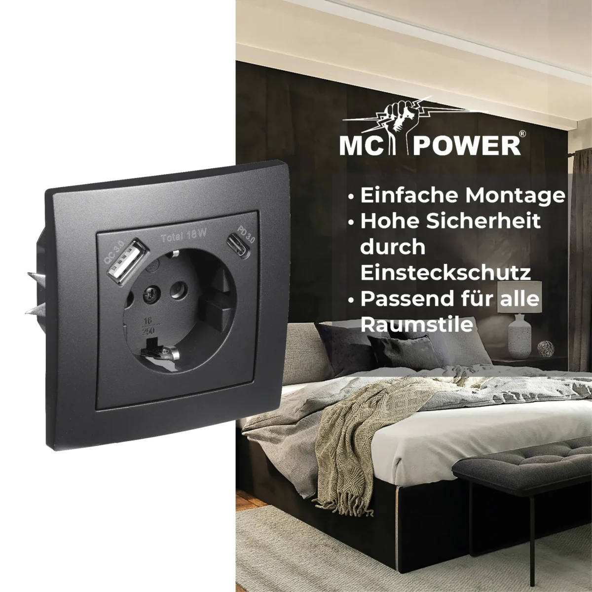 Schutzkontakt-Steckdose McPower "Flair" 1x USB-C 18W PD, 1x USB-A, matt schwarz – Bild 4