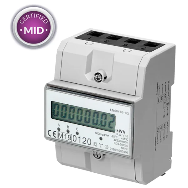 3-phasiger Stromzähler, 80A, MID, 3 Module, DIN TH-35mm