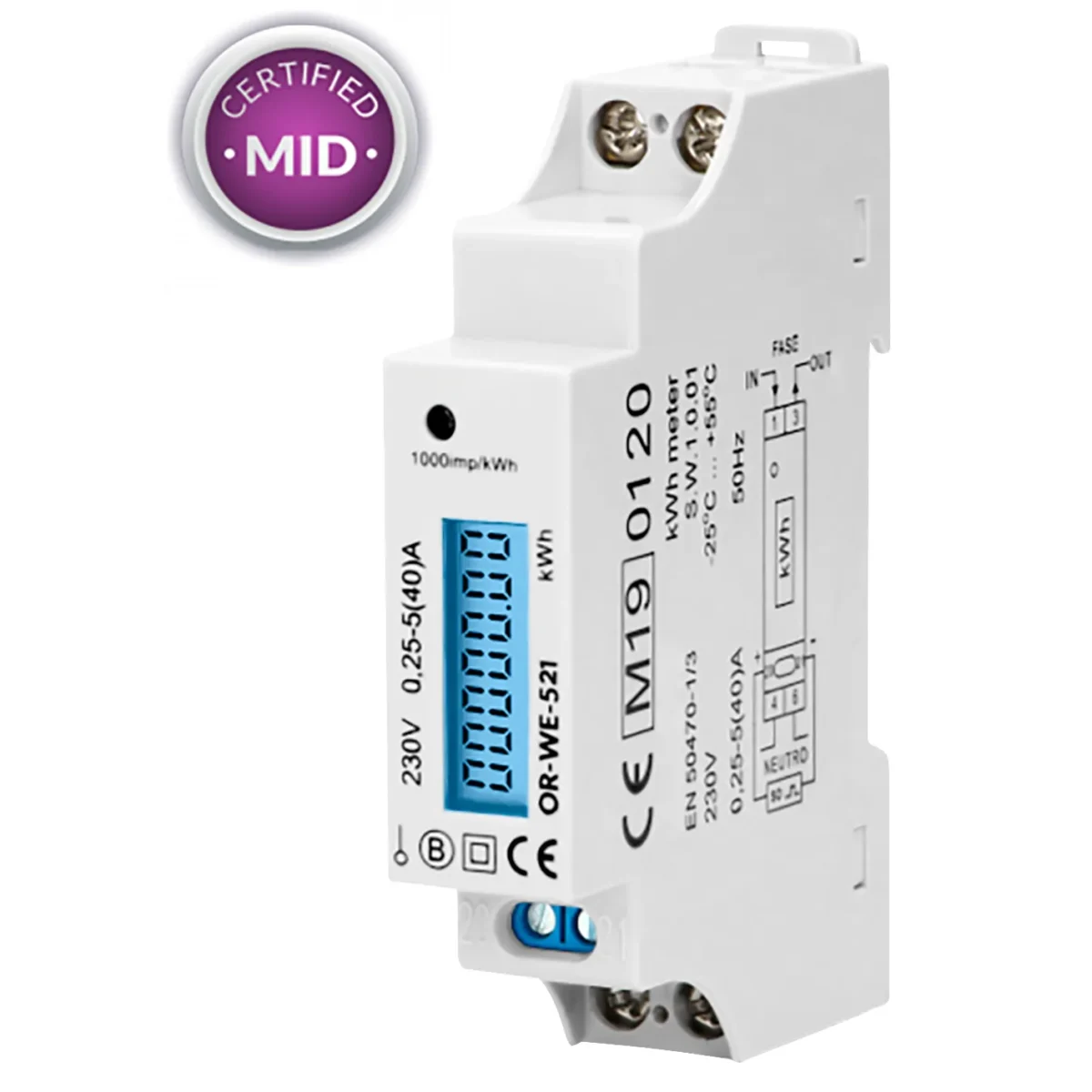 1-phasiger Stromzähler, 40A, MID, Impulsausgang, 1 Modul, DIN TH-35mm – Bild 1