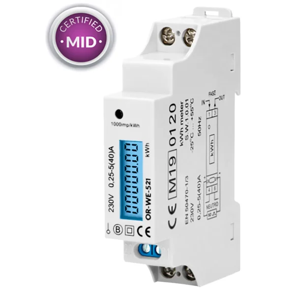 1-phasiger Stromzähler, 40A, MID, Impulsausgang, 1 Modul, DIN TH-35mm