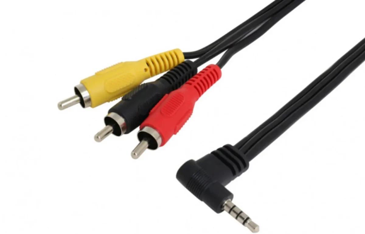 Audio-Kabel A/V 3x Cinch auf 1 3,5mm Stereo 90 Winkel-Klinkenstecker – Bild 1