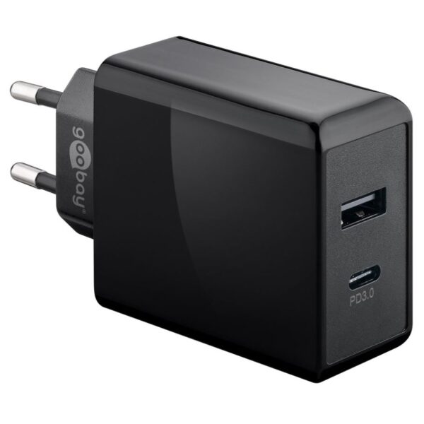 230V Netzteil mit USB-A - USB-C Buchsen, 30 Watt, schwarz