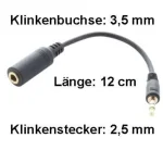 Stereo Klinke Ohrhörer-Adapter 12 cm - Klinkenstecker 2,5 mm Klinkenbuchse 3,5